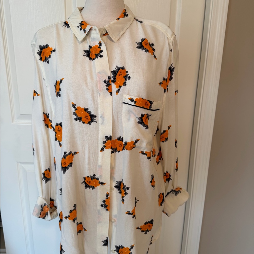 Ganni White and Orange Floral Button-Down Shirt
